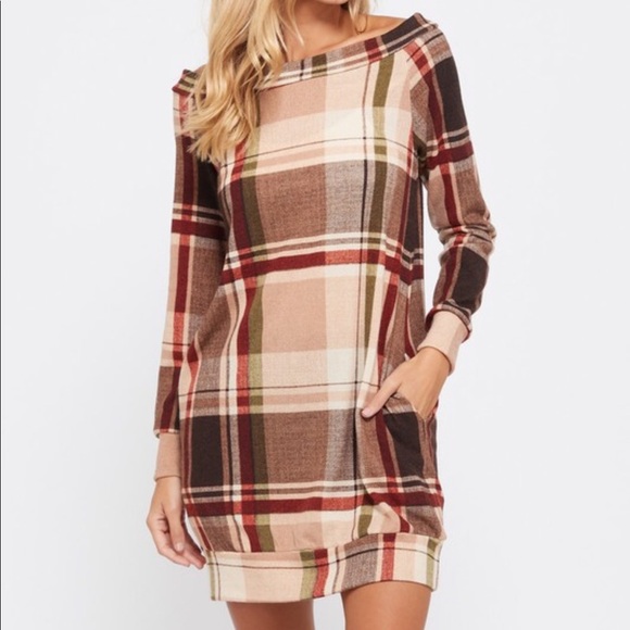 Taupe Plaid long Sleeve Dress - Picture 3 of 6